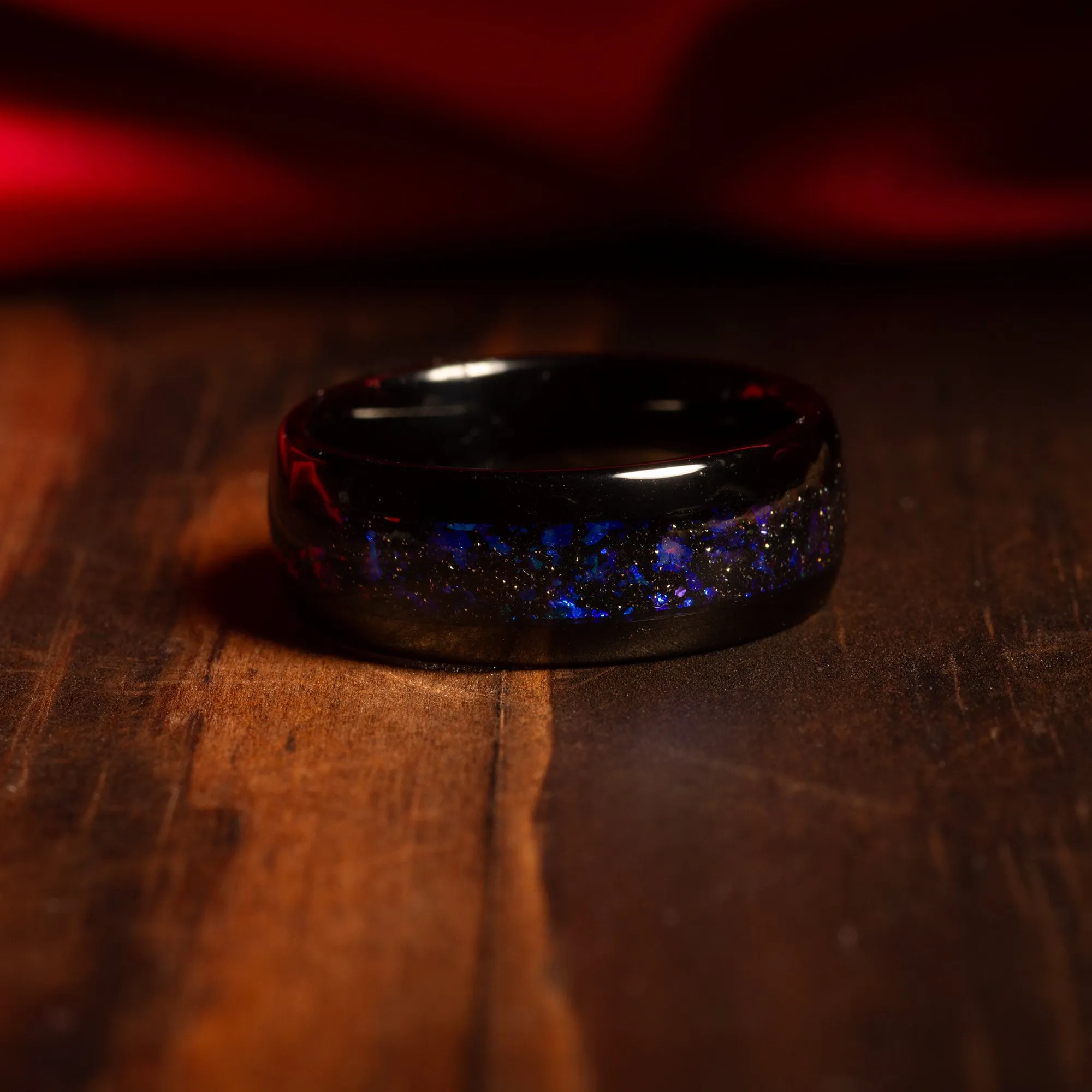 "Cosmic Bond" Galaxy Ring Set – Nebula-Inspired Black Wedding Bands with Blue Opal for His and Hers