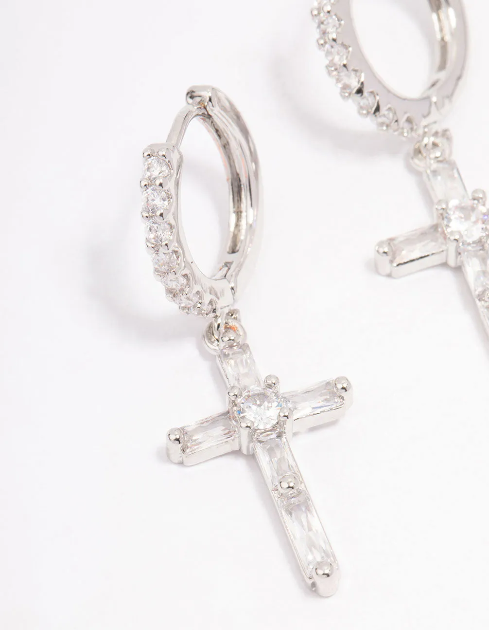 Rhodium Cubic Zirconia Cross Huggie Hoop Earrings