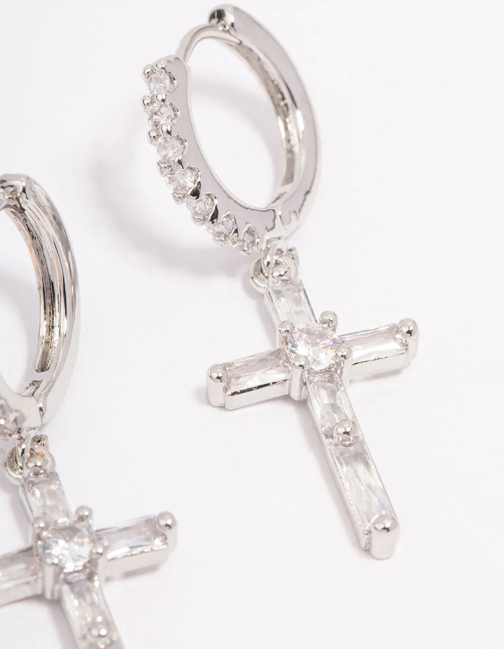 Rhodium Cubic Zirconia Cross Huggie Hoop Earrings