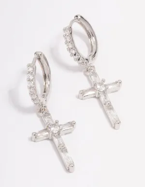 Rhodium Cubic Zirconia Cross Huggie Hoop Earrings