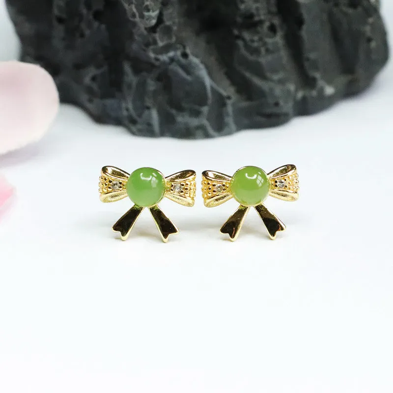 Round Jade Golden Bowknot Stud Earrings crafted from Natural Hotan Jade