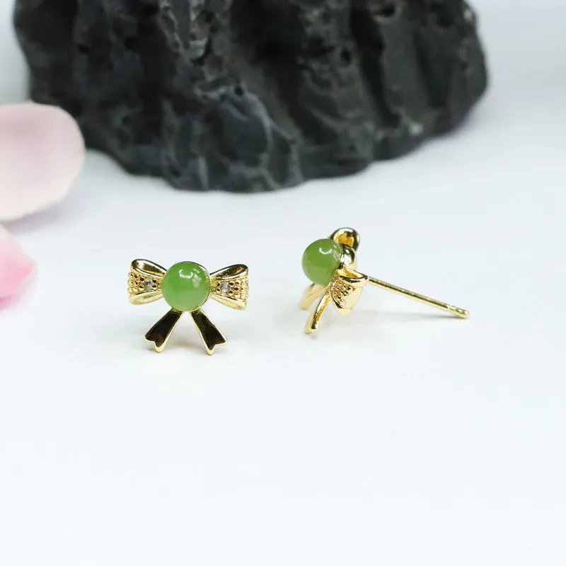 Round Jade Golden Bowknot Stud Earrings crafted from Natural Hotan Jade