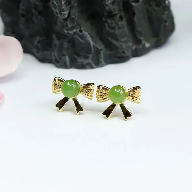 Round Jade Golden Bowknot Stud Earrings crafted from Natural Hotan Jade