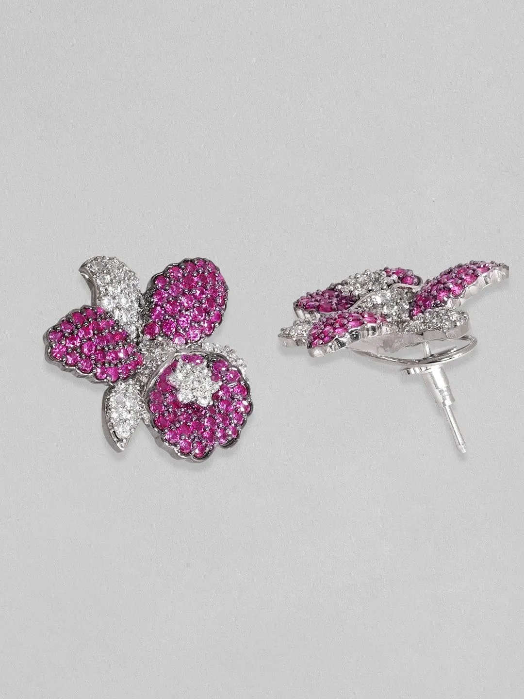 Rubans Rhodium Plated Premium White & Ruby Zircons Stud Earring