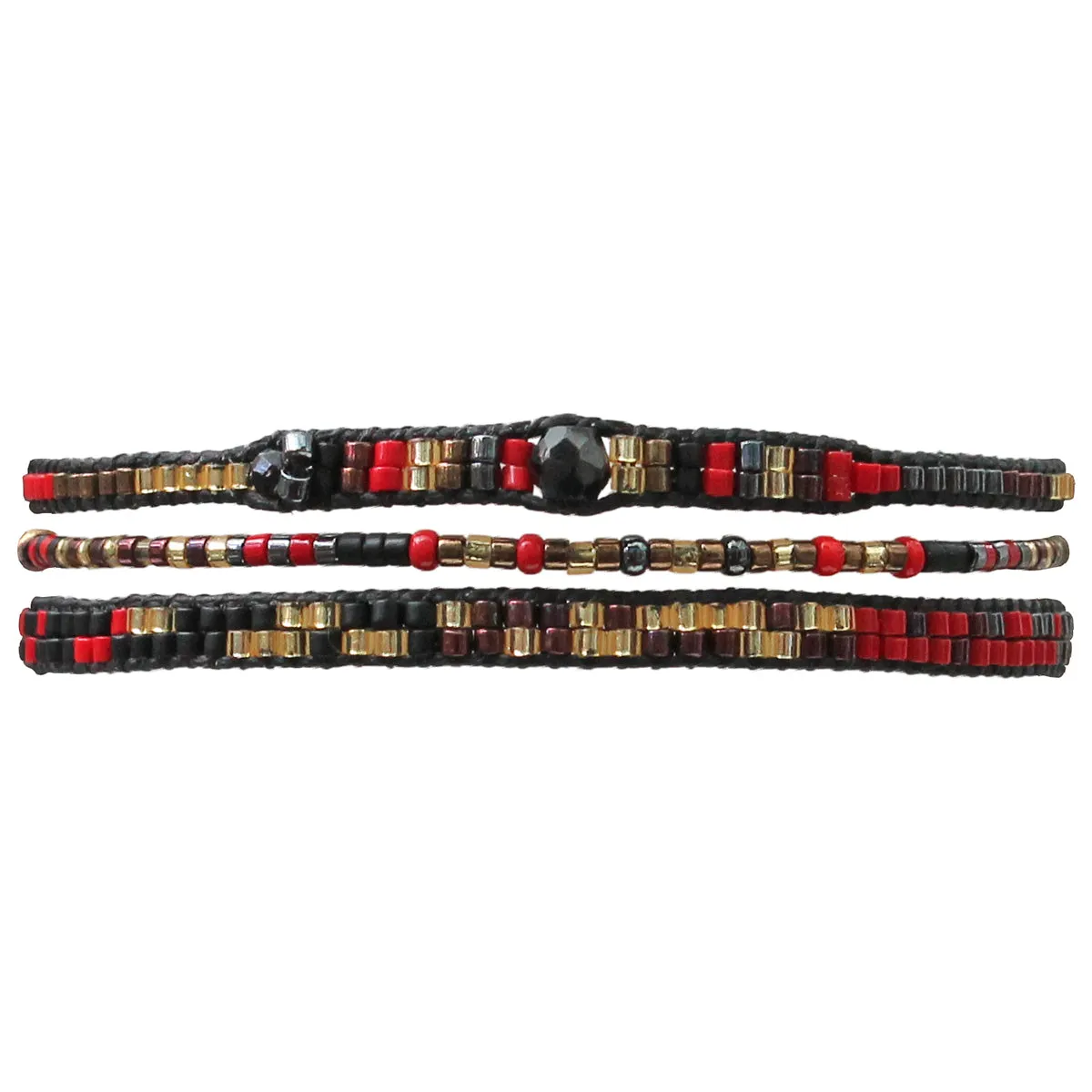 SET OF THREE HANDWOVEN BEADED BRACELETS IN GOLD AND RED