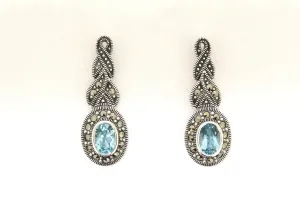 Silver Marcasite Earrings Oval Blue Topaz Crystal Bridal Bridesmaid  Wedding