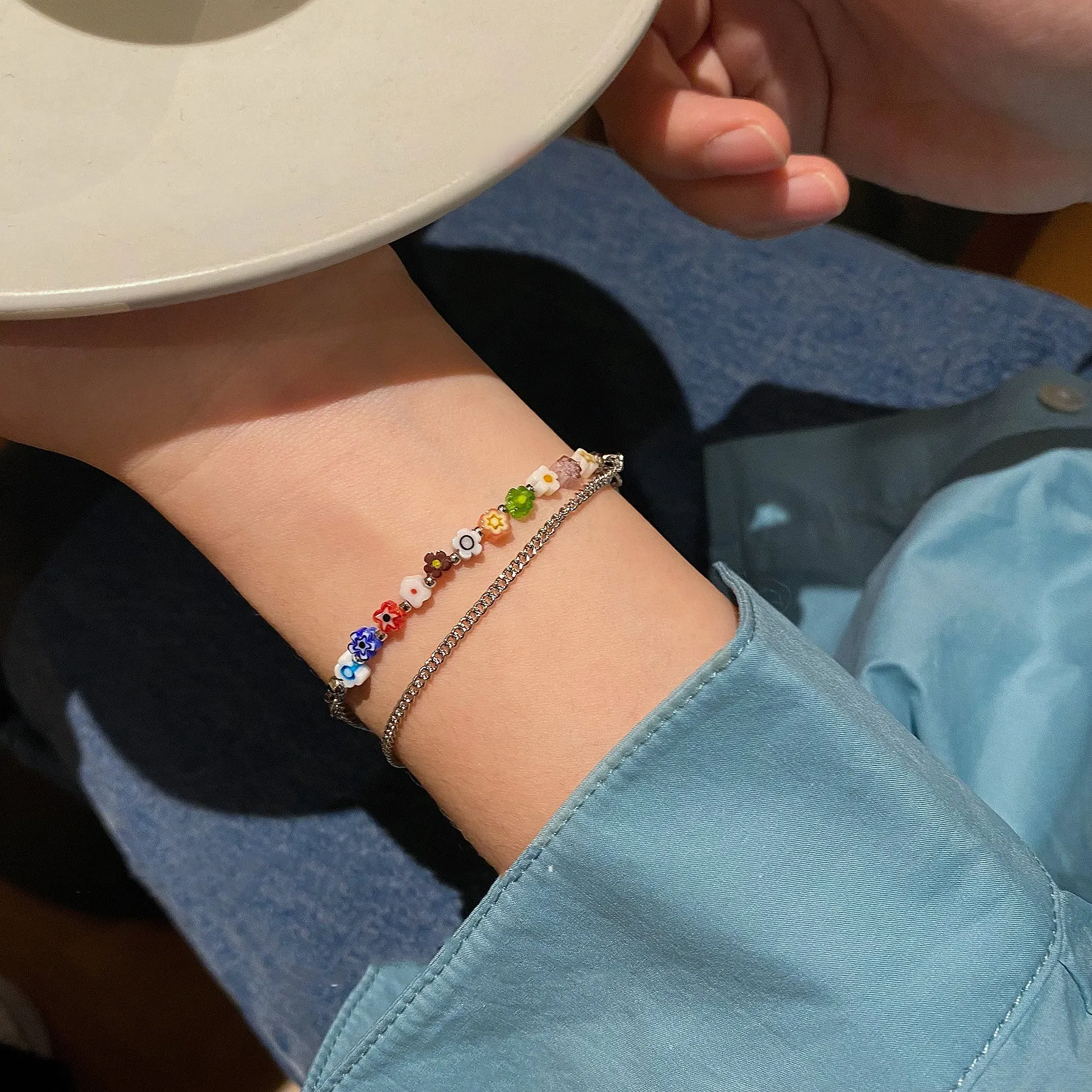 Simple Double Layer Colored Glass Small Flower Bracelet