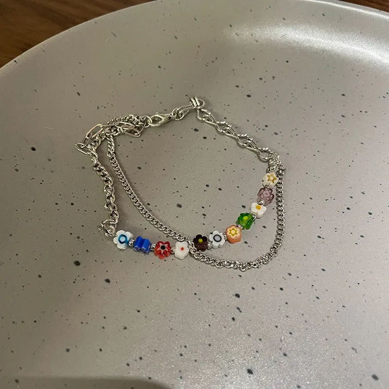 Simple Double Layer Colored Glass Small Flower Bracelet