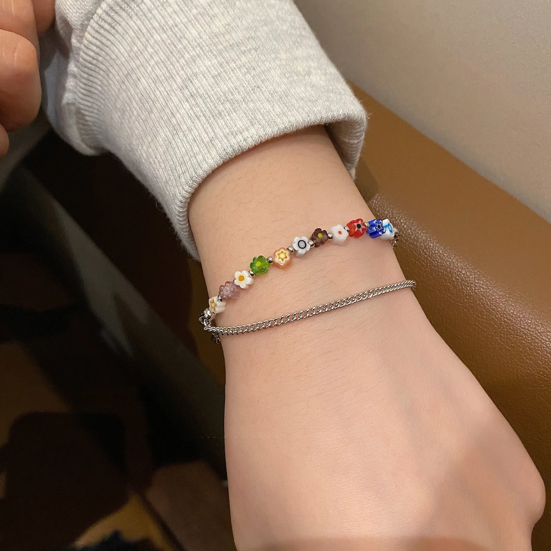 Simple Double Layer Colored Glass Small Flower Bracelet