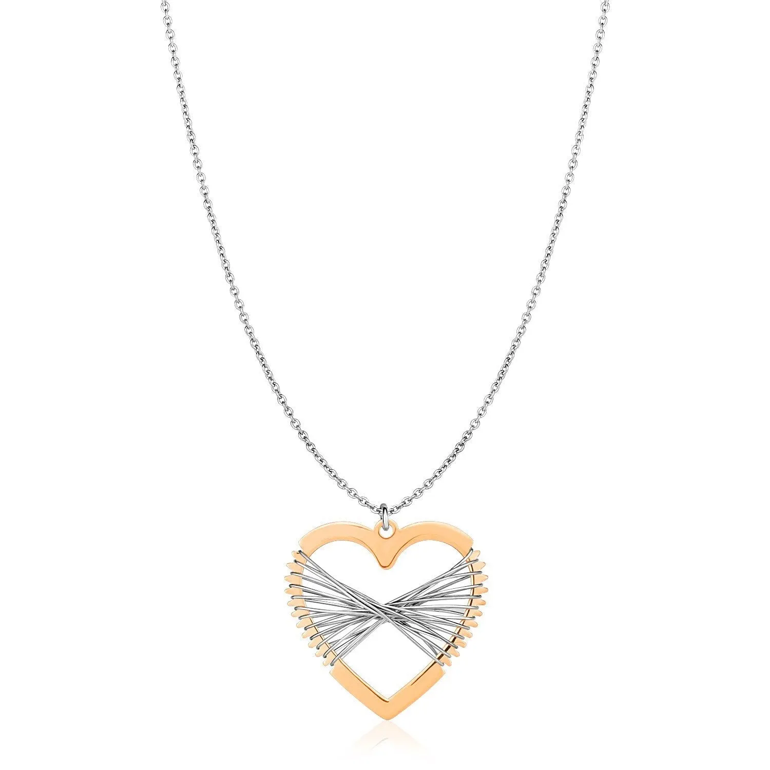 Size: 18'' - Sterling Silver Two Toned Wire Wrapped Heart Necklace