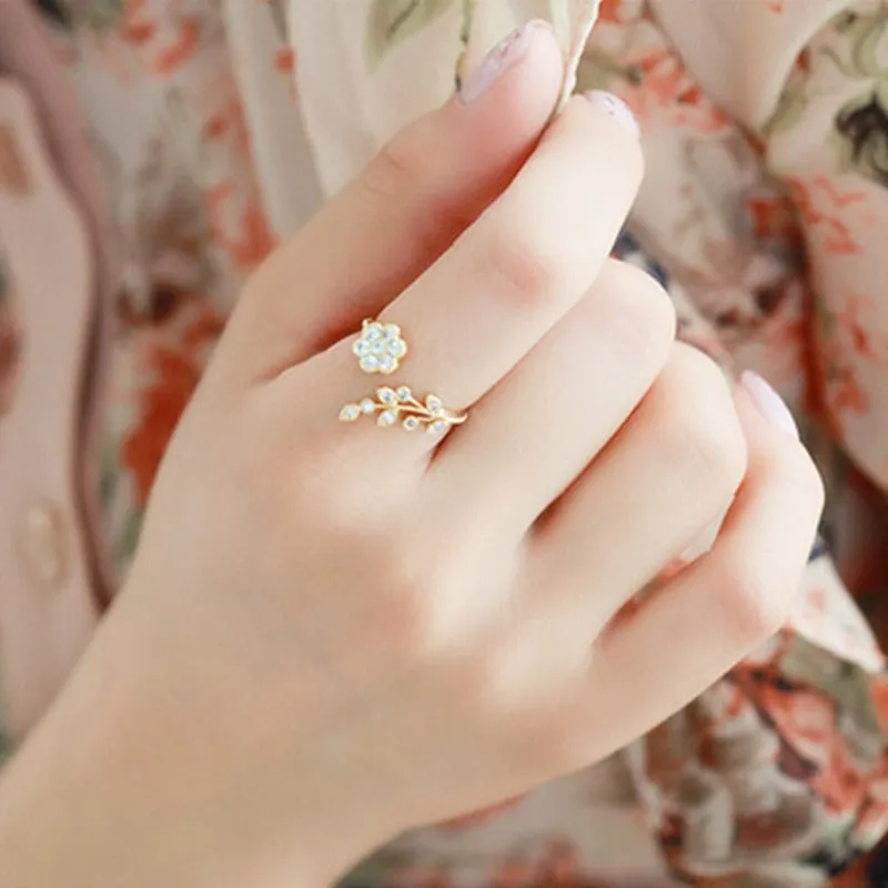 Twisted Leaves Flower Rhinestone Open Ring Rose Gold Color Finger For Women Statement Adjustable