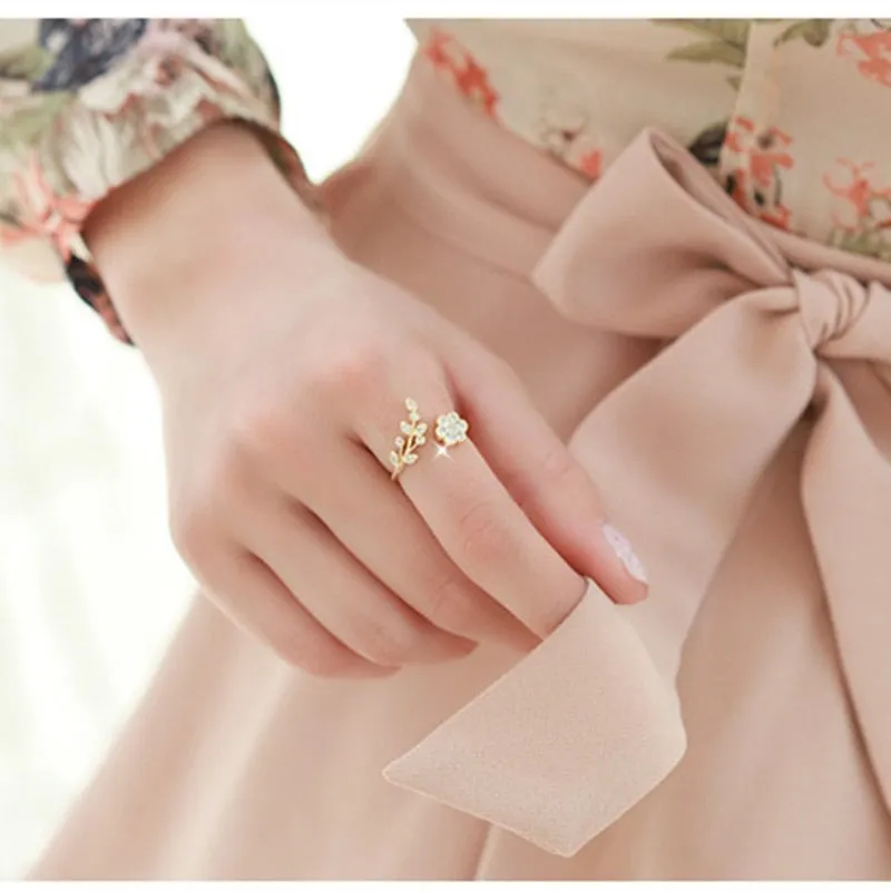 Twisted Leaves Flower Rhinestone Open Ring Rose Gold Color Finger For Women Statement Adjustable