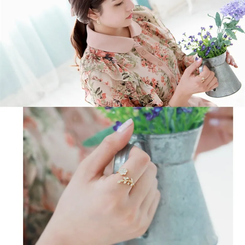 Twisted Leaves Flower Rhinestone Open Ring Rose Gold Color Finger For Women Statement Adjustable