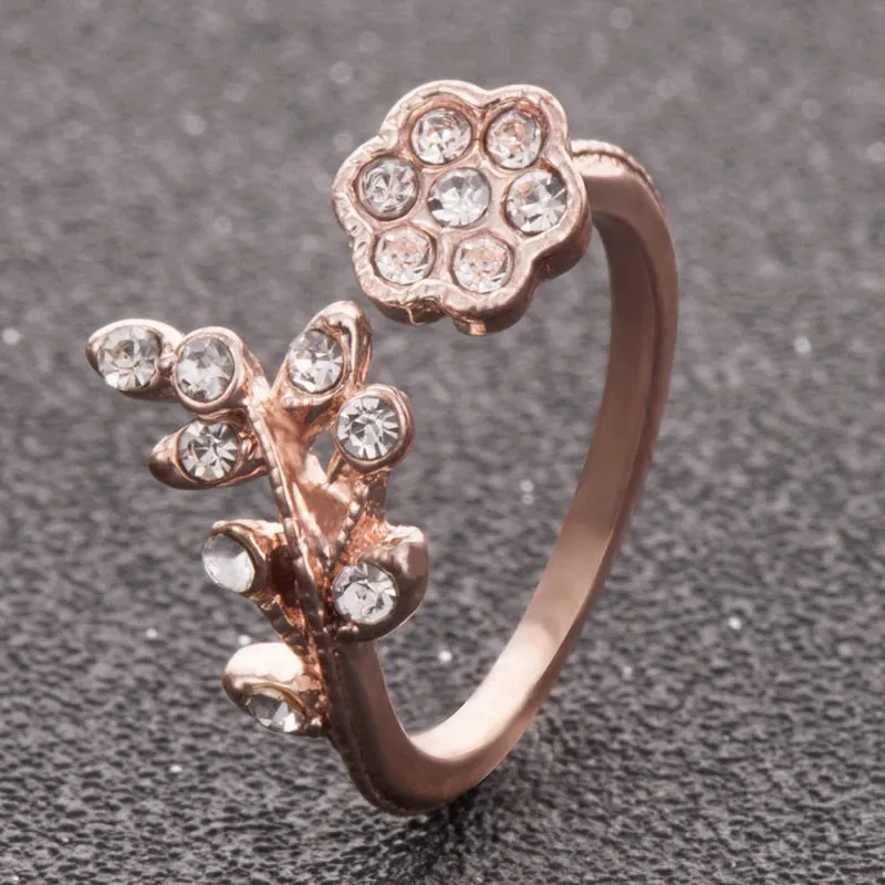 Twisted Leaves Flower Rhinestone Open Ring Rose Gold Color Finger For Women Statement Adjustable