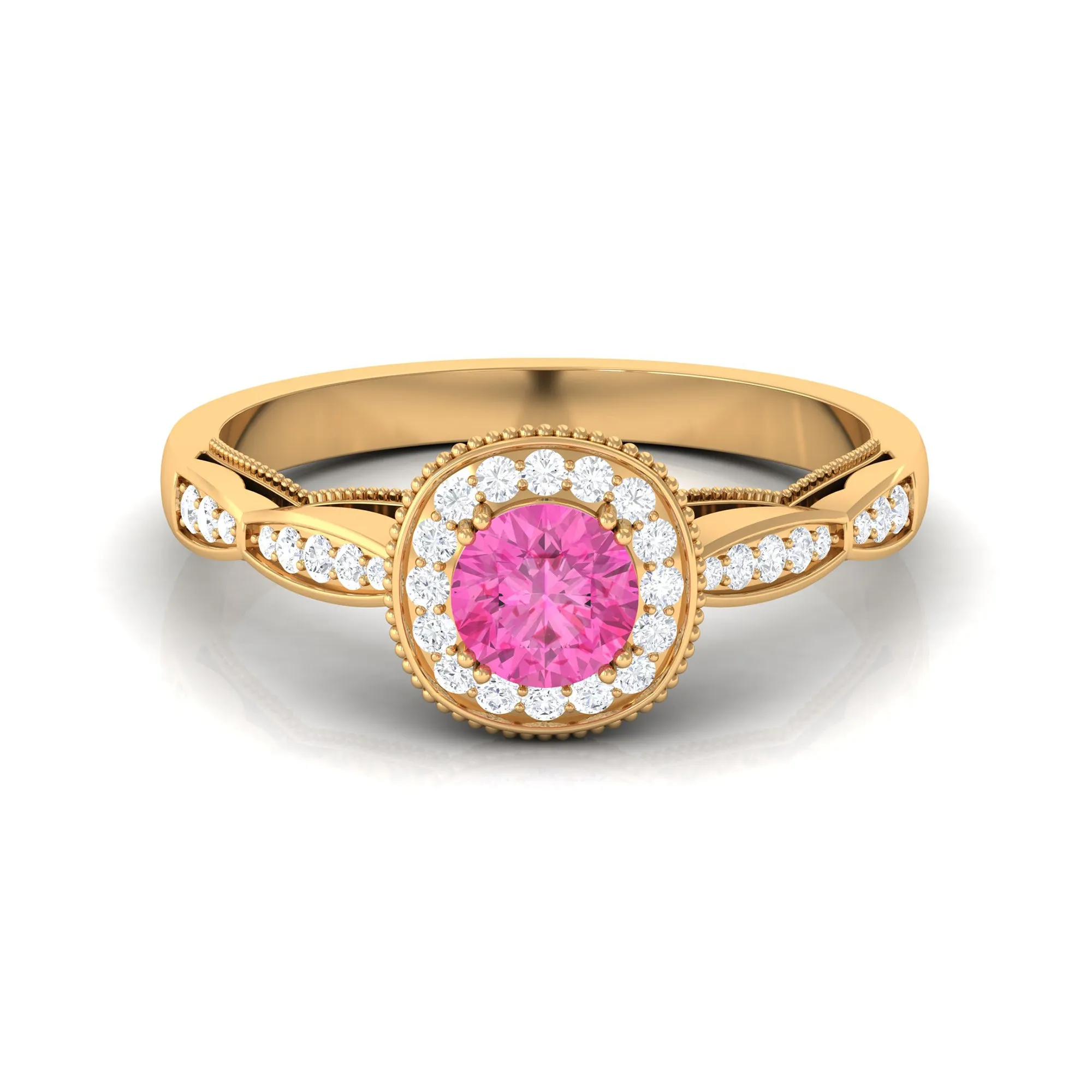 Vintage Inspired Round Pink Sapphire and Diamond Engagement Ring