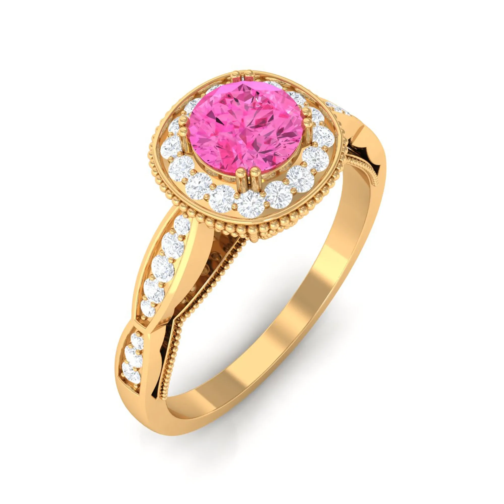 Vintage Inspired Round Pink Sapphire and Diamond Engagement Ring