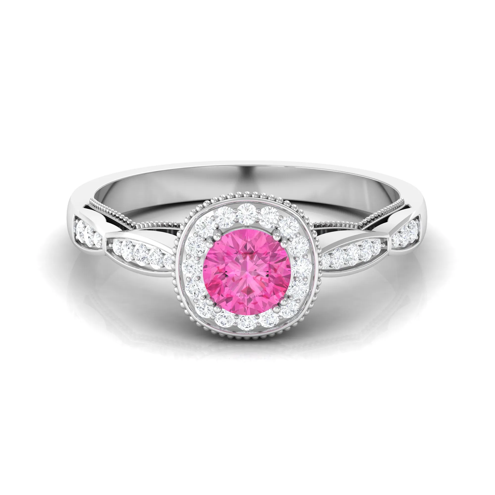 Vintage Inspired Round Pink Sapphire and Diamond Engagement Ring