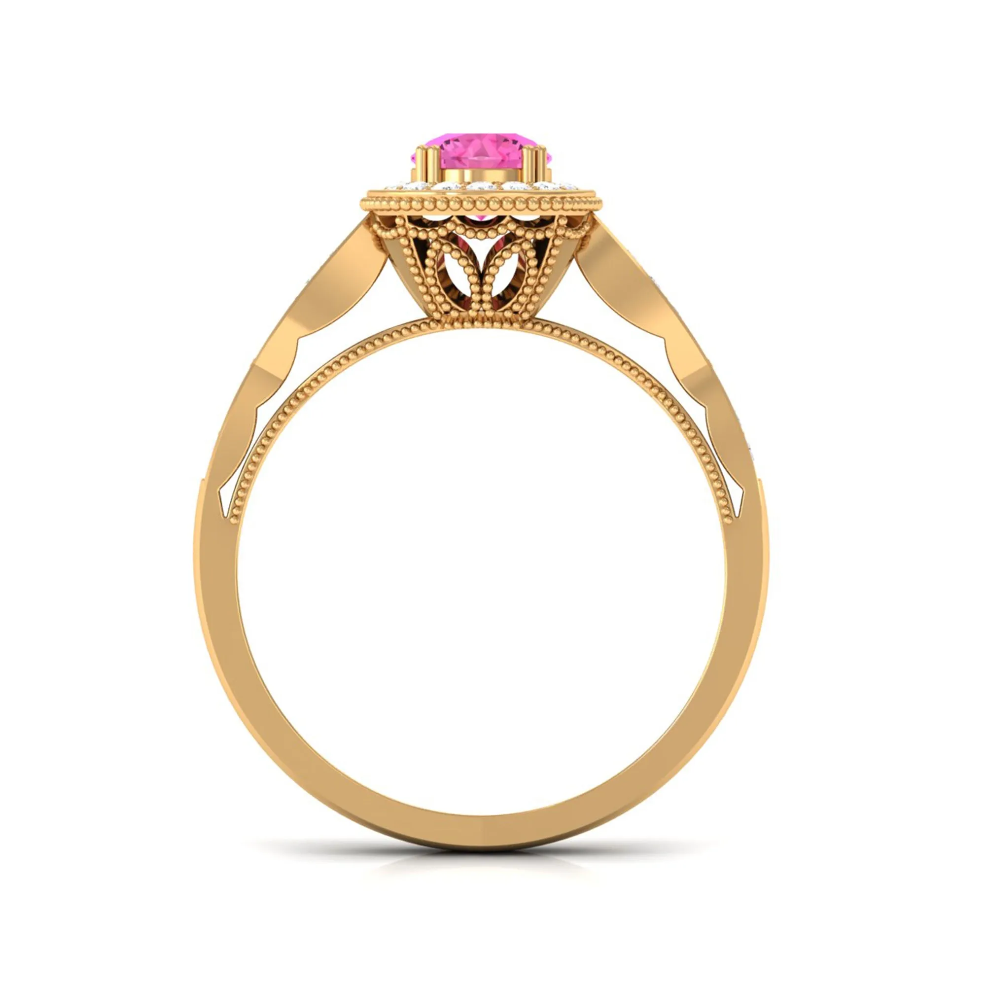 Vintage Inspired Round Pink Sapphire and Diamond Engagement Ring