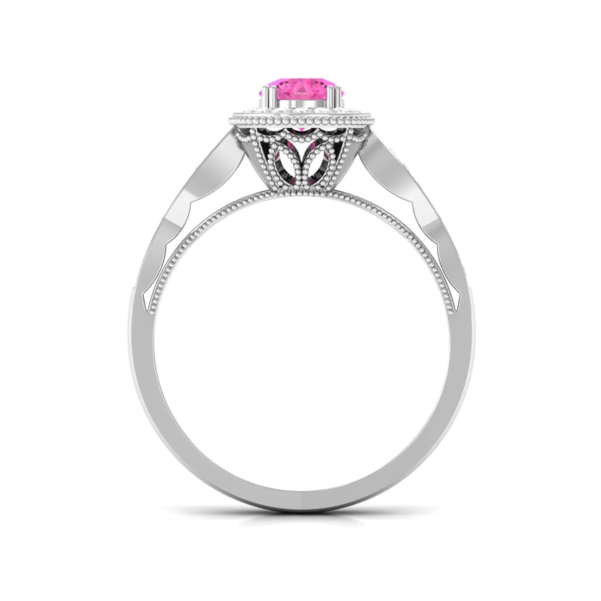 Vintage Inspired Round Pink Sapphire and Diamond Engagement Ring