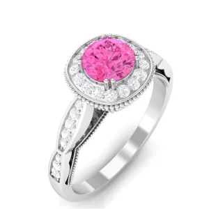 Vintage Inspired Round Pink Sapphire and Diamond Engagement Ring