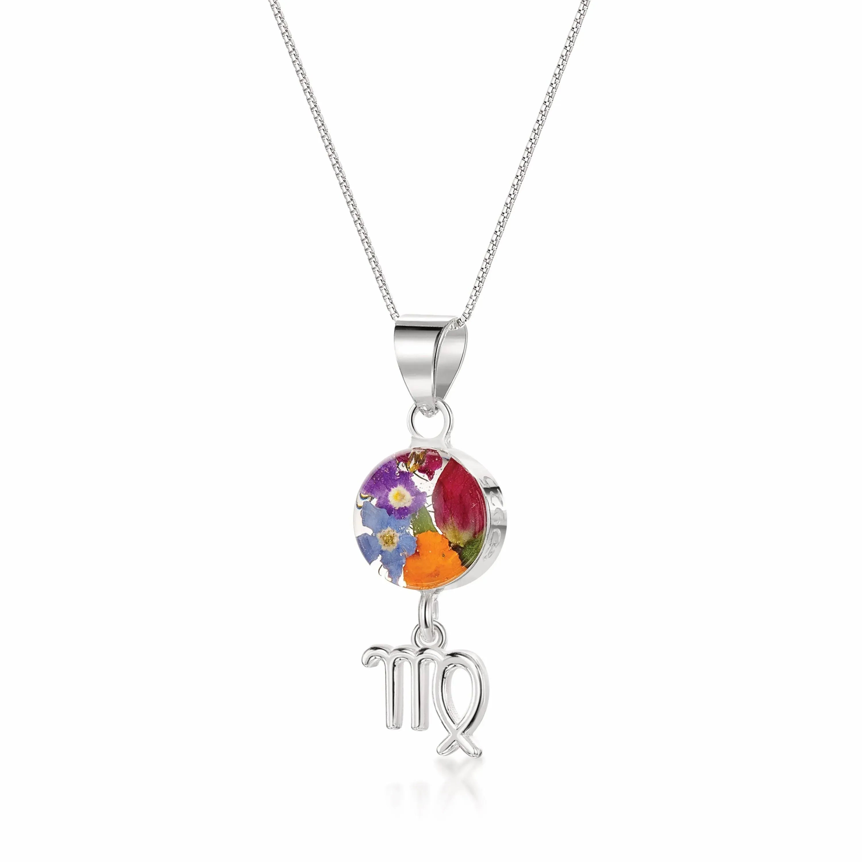 Virgo Necklace - Sterling silver pendant with real flowers & a zodiac charm.  More Options...