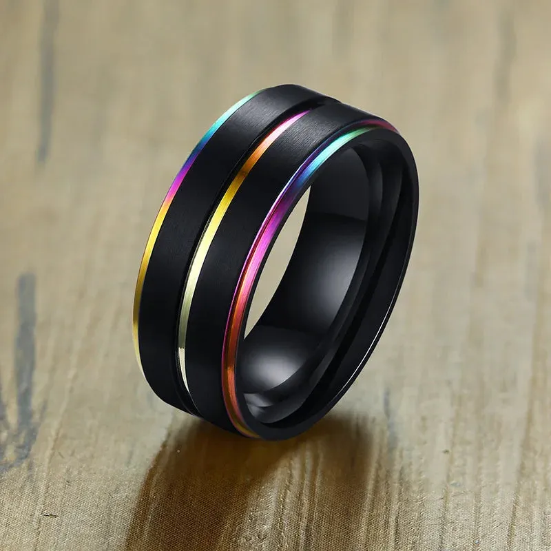 Vnox 6/8mm Black Ring for Men Women Groove Rainbow Stainless Steel Wedding Bands Trendy Fraternal Rings Casual Male Jewelry