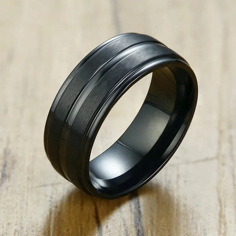 Vnox 6/8mm Black Ring for Men Women Groove Rainbow Stainless Steel Wedding Bands Trendy Fraternal Rings Casual Male Jewelry