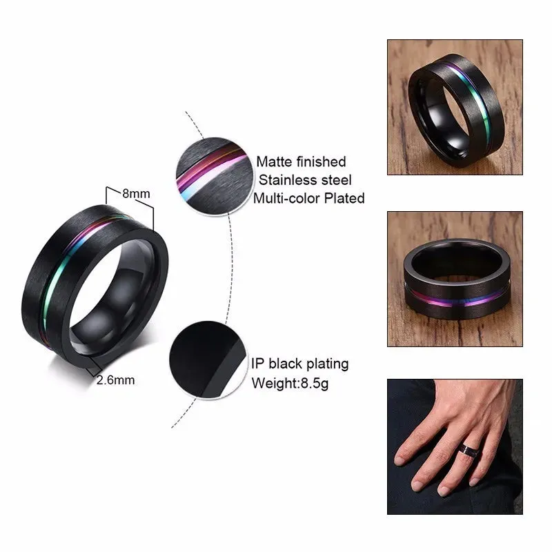 Vnox 6/8mm Black Ring for Men Women Groove Rainbow Stainless Steel Wedding Bands Trendy Fraternal Rings Casual Male Jewelry