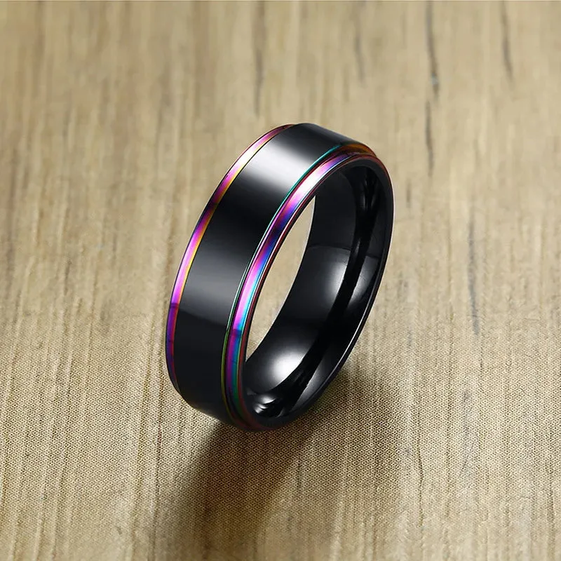 Vnox 6/8mm Black Ring for Men Women Groove Rainbow Stainless Steel Wedding Bands Trendy Fraternal Rings Casual Male Jewelry