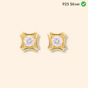 White Solitaire Earring Studs| 925 Silver| Gold Plated - From Purl