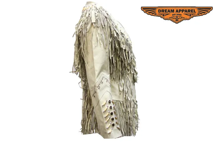 Womens Off White Leather Jacket With Beads, Studs, Bone & Fringe With Snaps