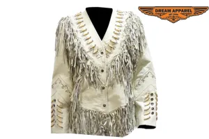 Womens Off White Leather Jacket With Beads, Studs, Bone & Fringe With Snaps